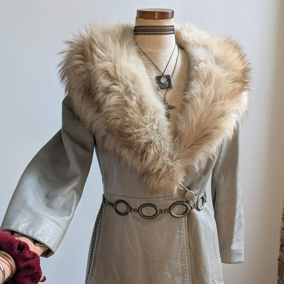 Vintage Leather Penny Lane Coat Grey Cream Fur Trim Trench Afghan Jacket Medium - Picture 2 of 12